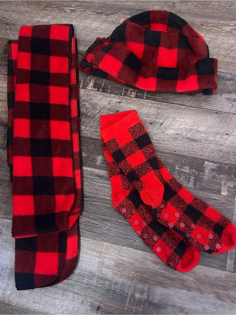 Red & Black Buffalo Plaid Winter Hat, Scarf & Socks Set